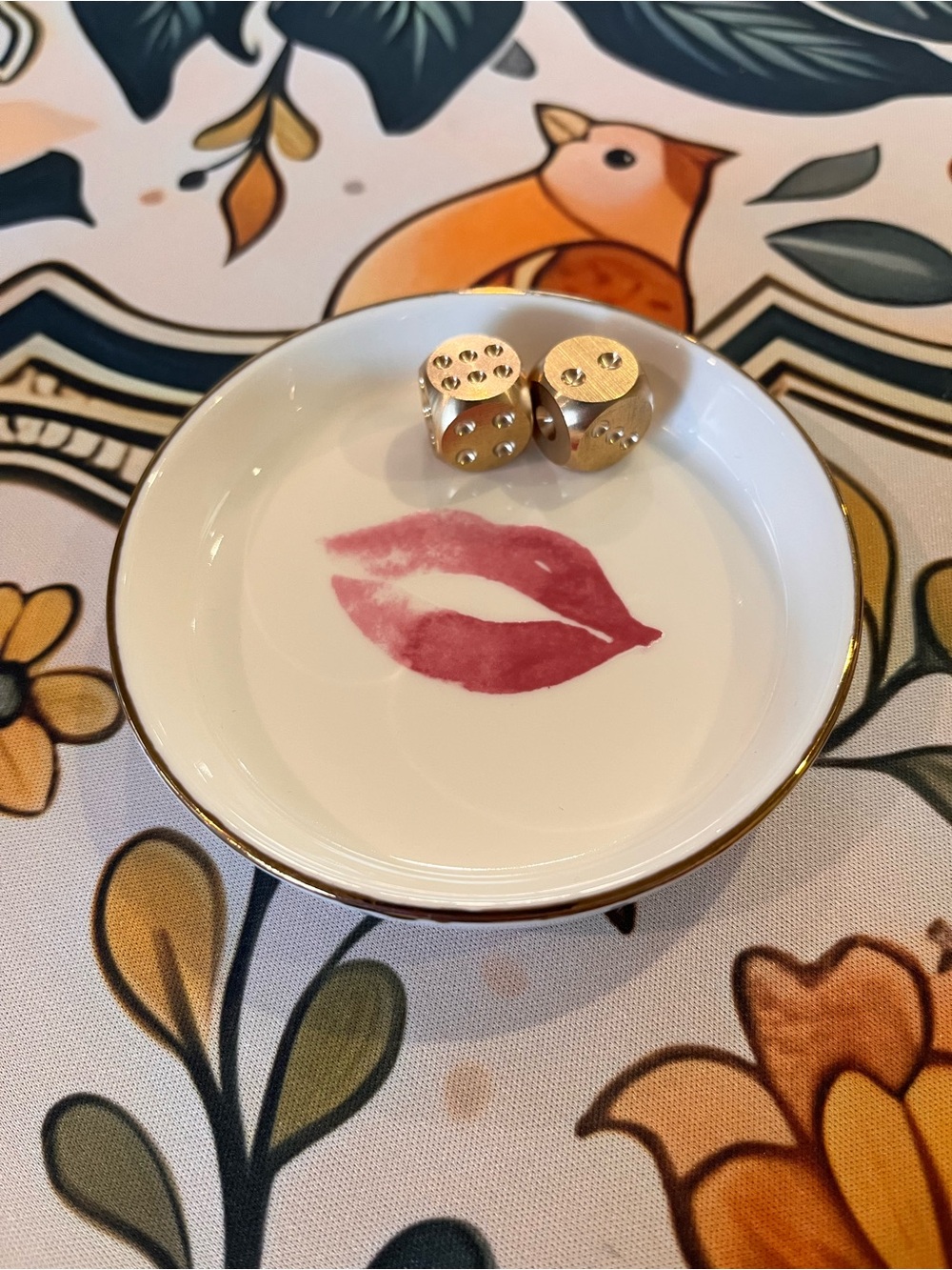 Mahjong Dice Dish, Pink Lipstick Lip Smack with Gold Rim